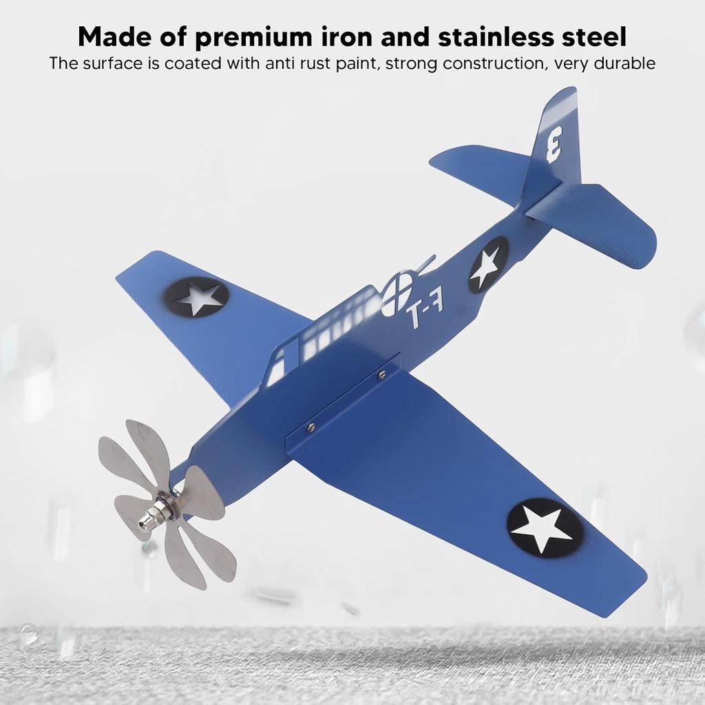 Airplane Weather Vane, Metal Wind Spinner for Garden Yard, Blue, Rotates with Wind