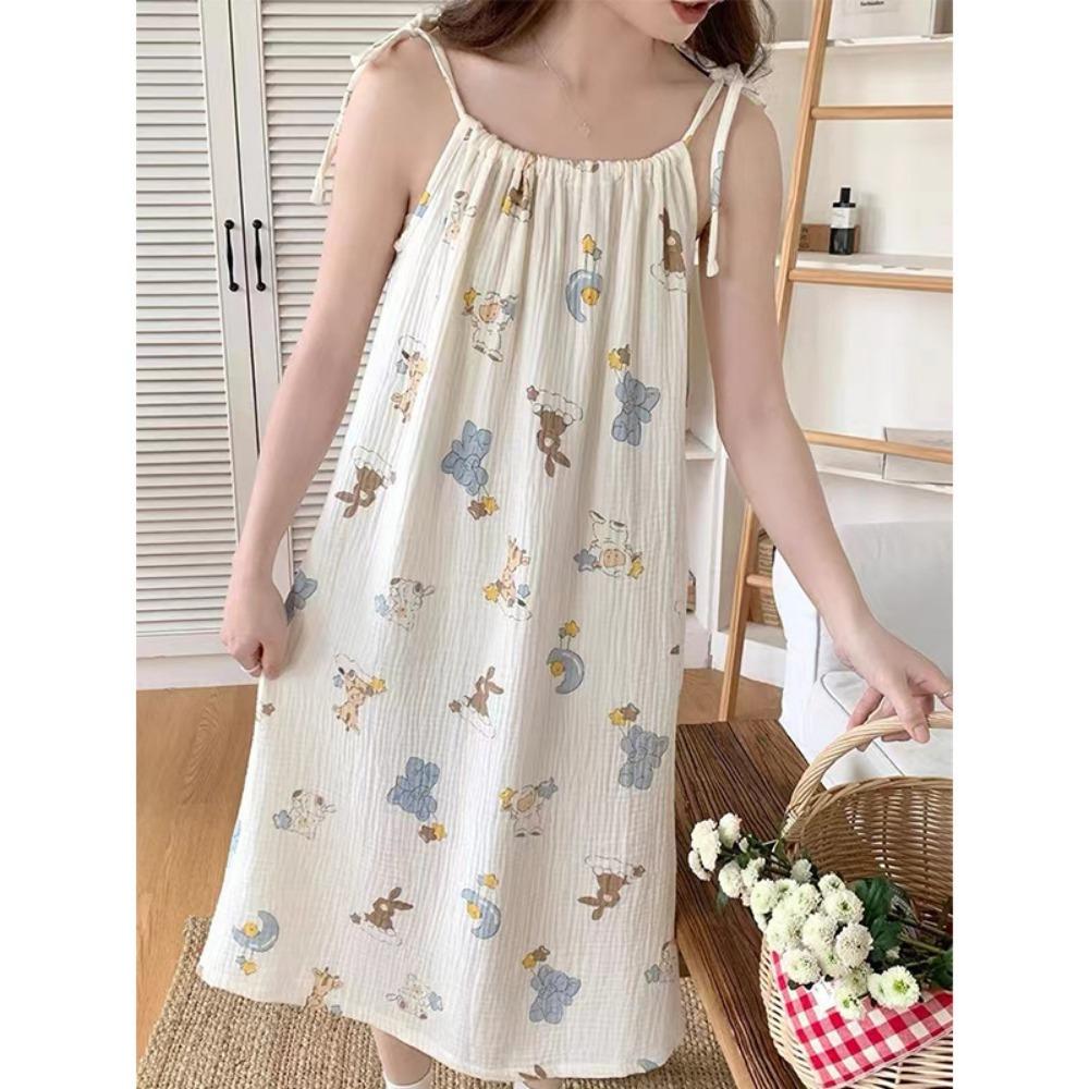 Sweet Cartoon Princess Style Nightgown for Women In Summer New Sexy Suspender Bubble Wrinkle Cloth Home Clothes