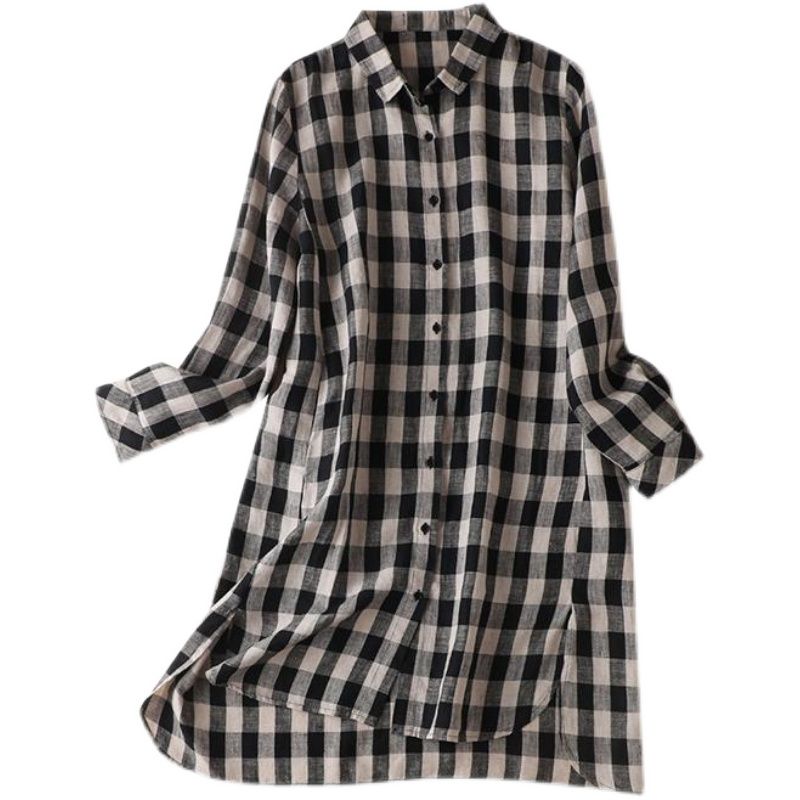Plaid Shirt Women Mid Length Loose Shirt Long Sleeved Casual Top Summer Women's Clothing