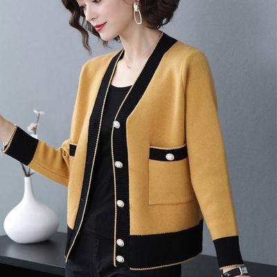 Spring and Autumn Women's Knitted Cardigan Sweater Short Long Sleeve Color-blocked Knit Sweater Jacket Knitted Top Outwear