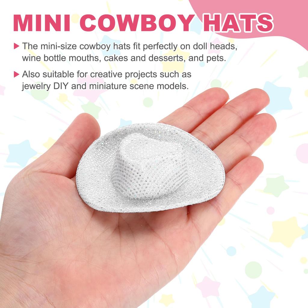 PATIKIL Mini Cowboy Hats, Set of 8, Miniature Western Cowboy Hats for Crafts, Party Decorations, Doll Pet Ornaments, Glitter Dot Style, White