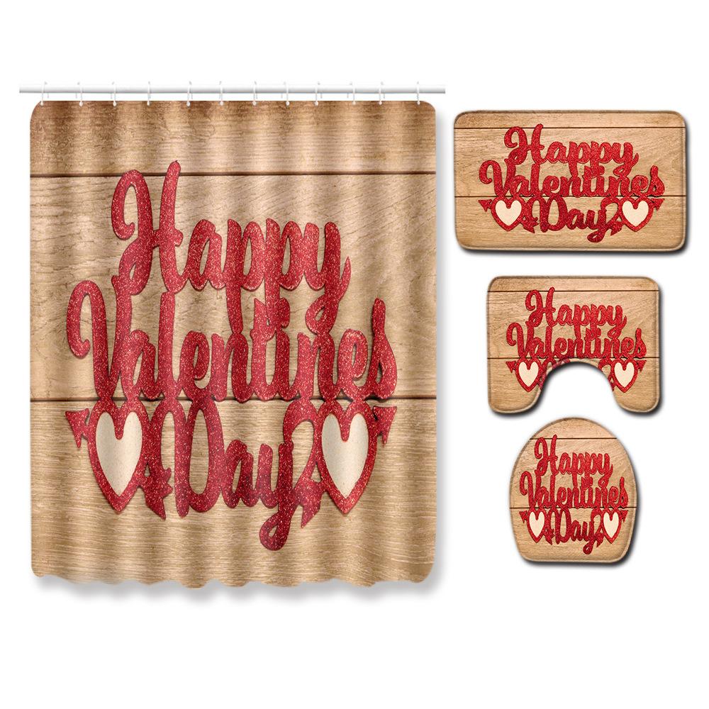 Valentine'S Day Toilet Shower Curtain Four-Piece Printed Floor Mat Set Bathroom Floor Mat Bedroom Absorbent Door Mat Carpet