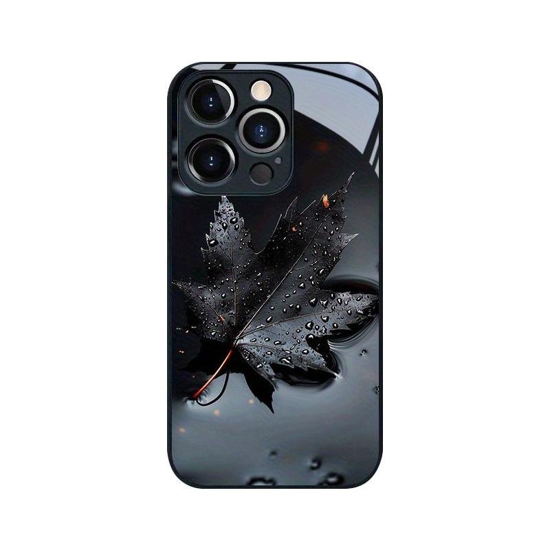 Black Leaf Pattern Glass Material Phone Case For iPhone 17 16 15 14 13 12 11 Pro Max 16E 17Air 7 8 15 Plus XR XS X Cover