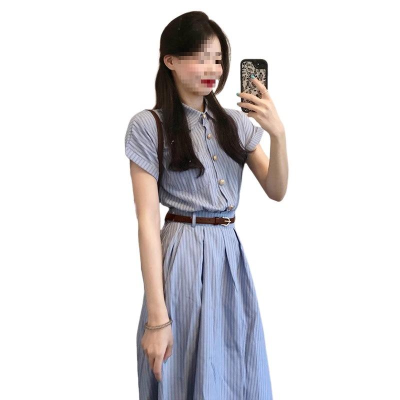 Large Size French Blue Striped Shirt Dress Summer Fat MM Literary Retro POLO Collar Thin Waist Dress