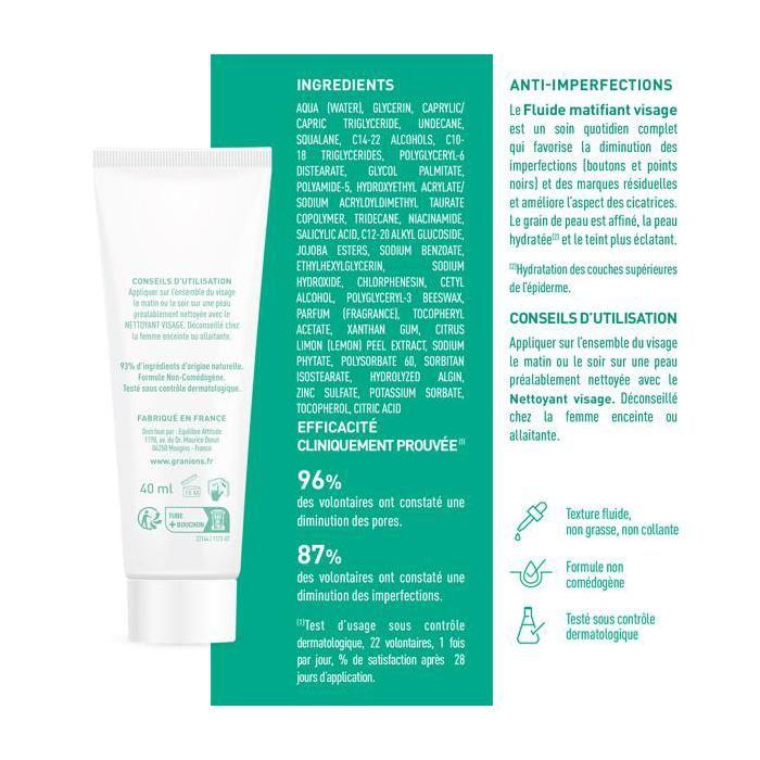 Crème Matifiante Visage - GRANIONS - 40 mL - Non Comédogène - Acide Salicylique - Niacinamide