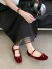 IPPEUM Ballet Flats Velvet Red Women Mary Janes Shoes 2025 New Round Toe Buckle Ballerina Shoes Zapatos De Mujer