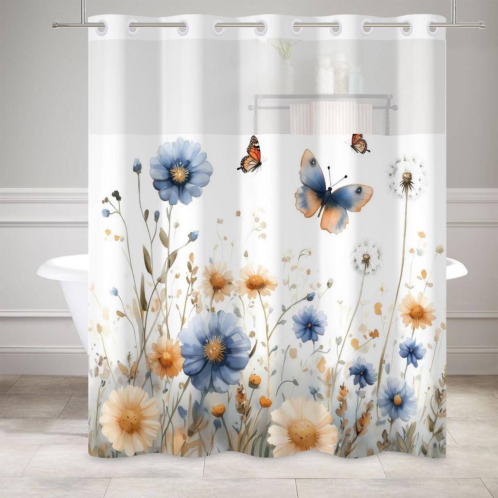 Elegant Floral Shower Curtain Double Layer Waterproof Watercolour Plants Modern Bath Curtain Polyester Home Bathroom Decoration