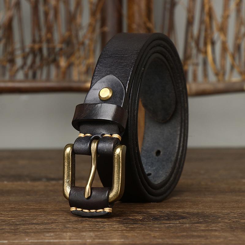 Dámský kožený opasek v korejském stylu, jednoduchý, moderní, retro, první vrstva, čistá hovězí kůže, mosazná přezka, dámský džínový opasek