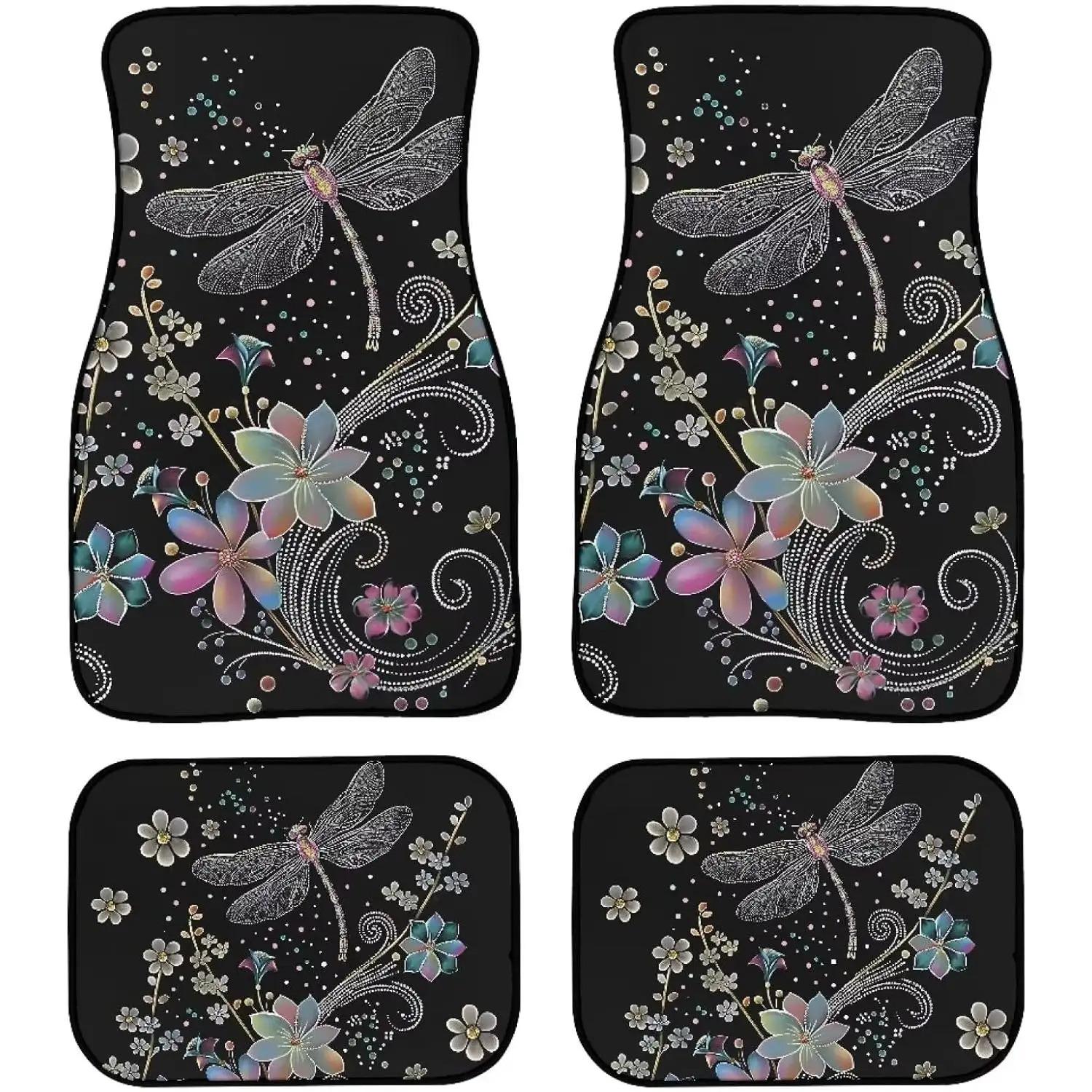 4pcs Dragonfly And Floral Pattern Car Floor Mats Set - Black Seamless Pattern All-Weather Polyester Car Floor Mats Suitable For