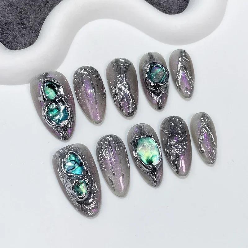 10pcs Vintage Medium Almond Classical Fake Nails 3D Aurora Baroque Metallic Flash Press on Nails Full Cover Detachable Nails Tip