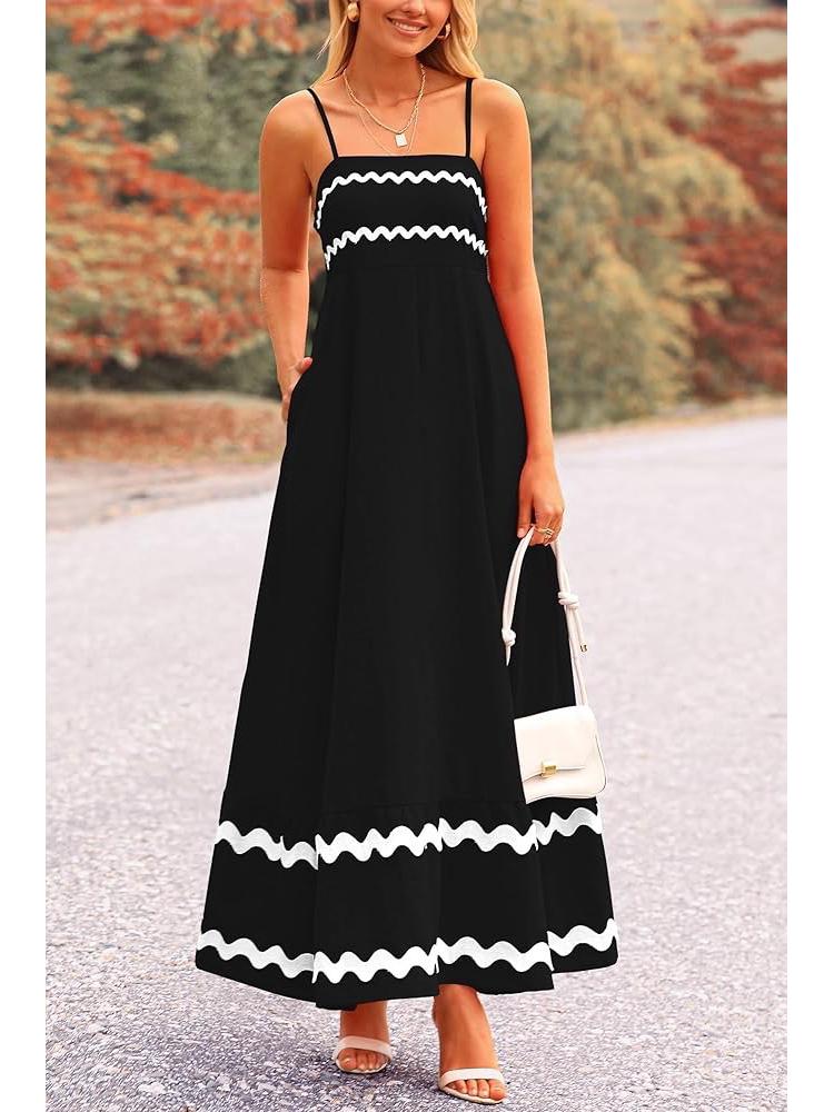 Damen Sommer Spitzen-Patchwork Spaghettiträger Maxikleid