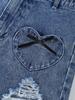Single-piece girls' casual summer denim shorts with heart-shaped stickers, frayed edges, and a trendy, sexy style. Elastic waist and loose fit.