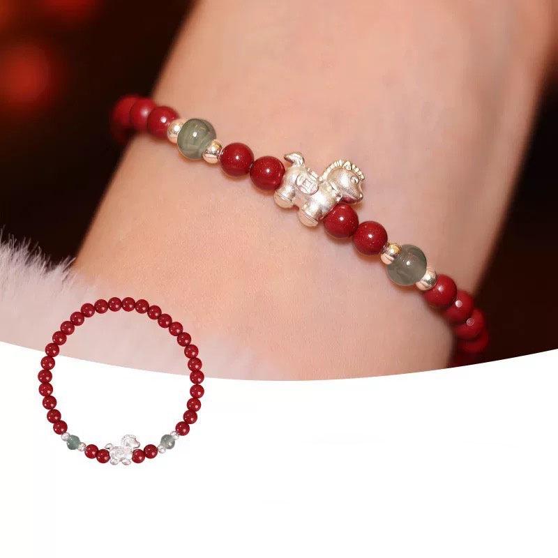 S999 Sterling Silver Red Cinnabar & Jade Horse Zodiac Bracelet - Chinese Style Gift