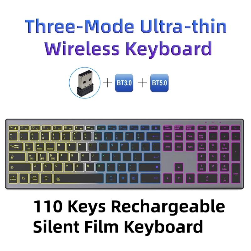 Rechargeable Bluetooth-compatible Keyboard 110Key Wide Compatibility Support 7 Color Backlit Quiet Typing