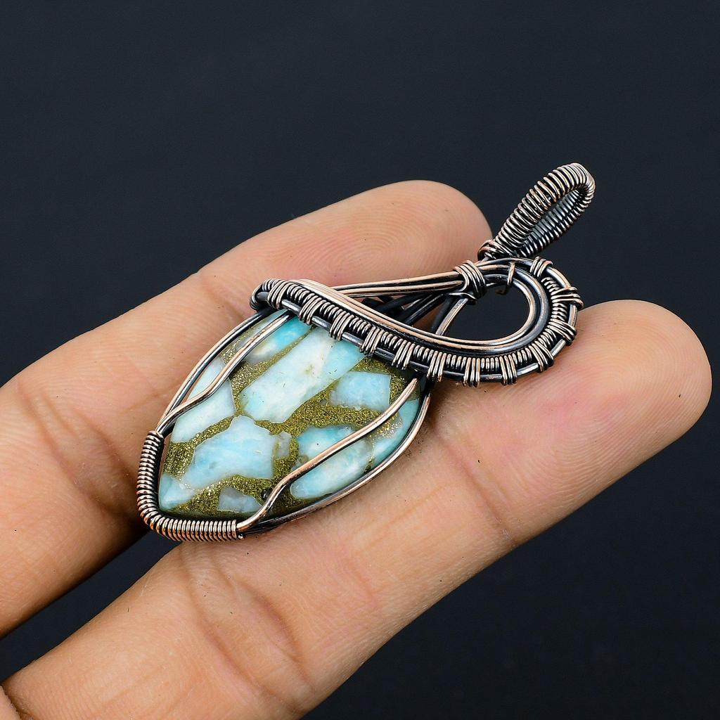 Copper Larimar Pendant Gemstone Handmade Jewelry, 999 Copper Wire Wrapped Pendant, Gift For Wife Jewelry