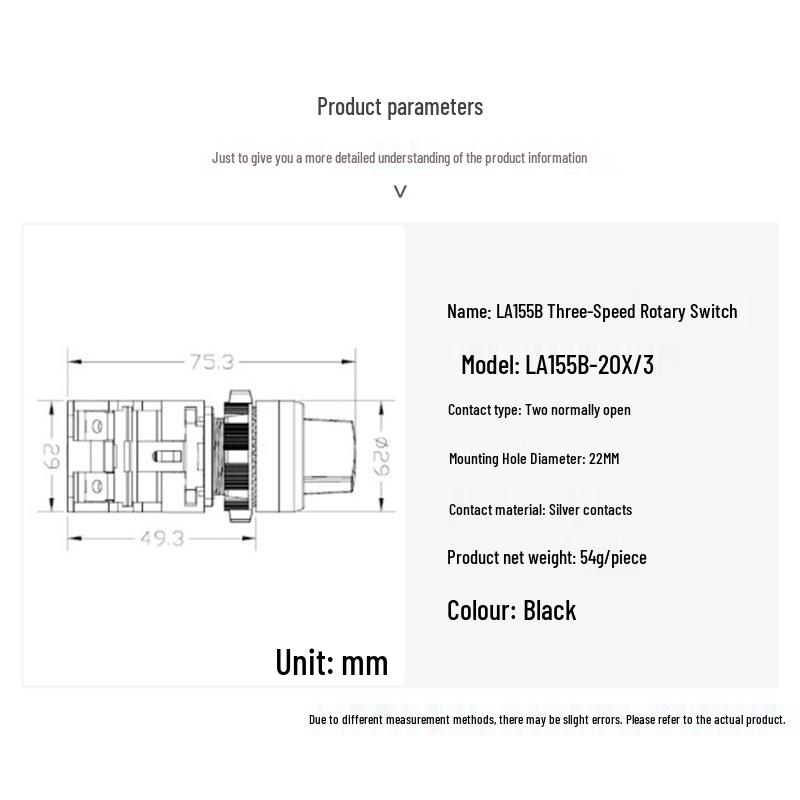 Three-speed Rotary Switch, LA155B-20X/3, IP65 Waterproof, Aluminum Ring, Copper Parts, Silver Contacts, 22MM, Two Normally Open.