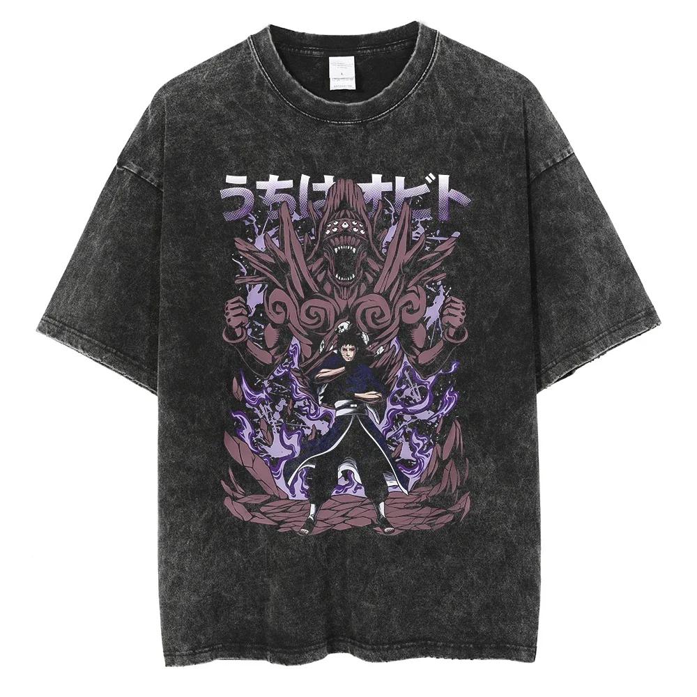 Harajuku Streetwear Vintage TShirt Japanese Anime Naruto Oversize T Shirt Washed Black Tshirt Men Summer Cotton Top Tees