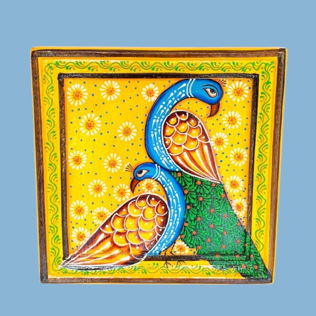

Hand-Painted Peacock Wooden Wall Frame - Bright Yellow Indian Decor 16” X 8” X 24” (l x w x h) різнокольоровий