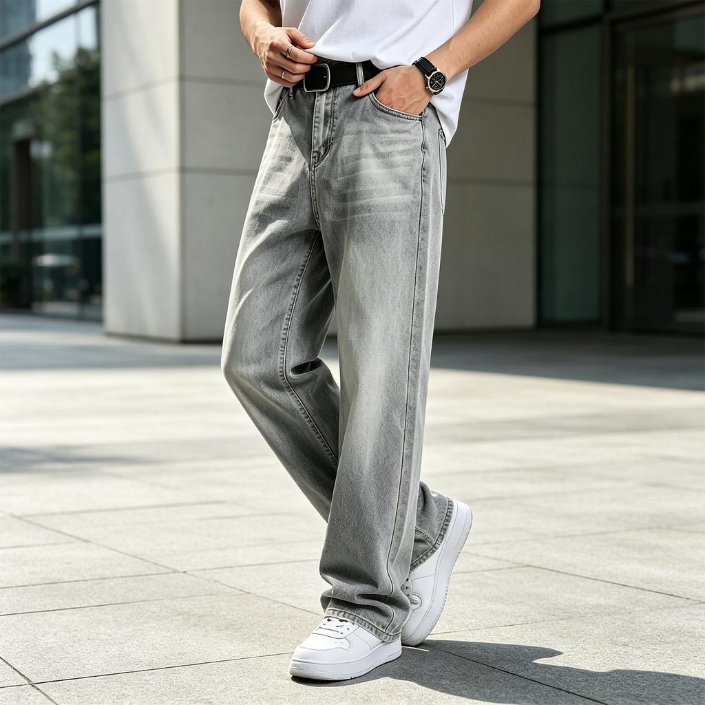 Herren Straight Leg Jeans, Bequeme Graue Denim-Hose für Frühling und Herbst, Lässige Kleidung