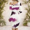 Women Plus Size Chain Strap One Shoulder Long Sleeve White Purple Printed Asymmetrical Hem Bodycon Dress