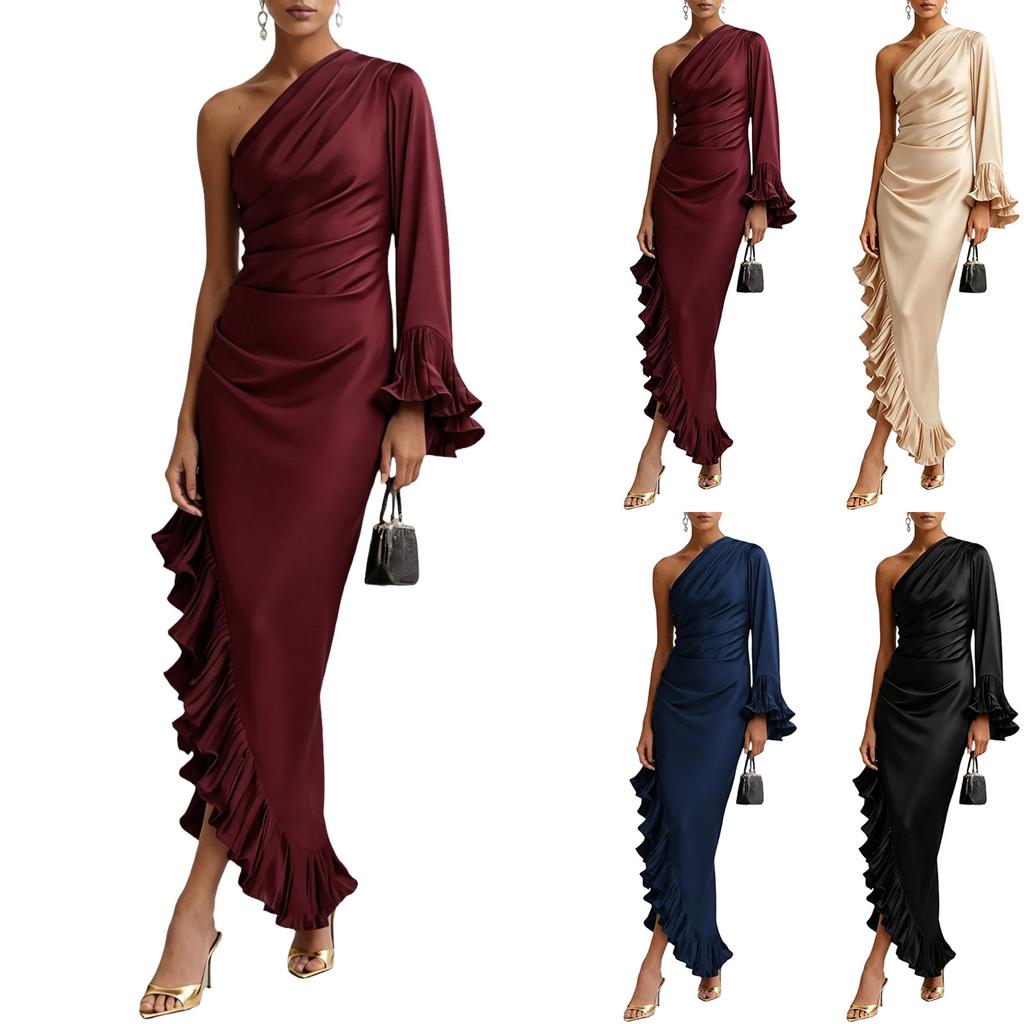 Women's Color Satin Off Shoulder Ruched Irregular Hem Dress for Cocktail Party