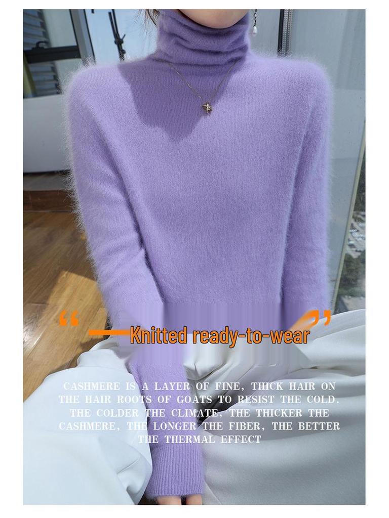 Damski sweter z golfem z kaszmiru norkowego - z krótkim rękawem, o luźnym kroju, ciepła dzianina na jesień/zimę