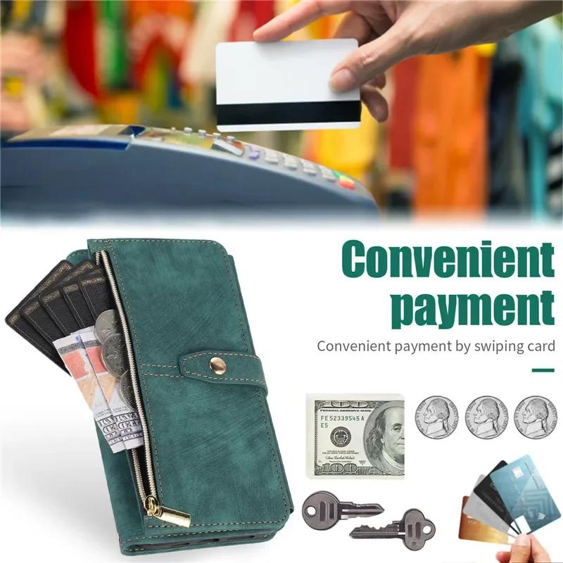 Long Lanyard Flip Leather Phone Case for iPhone 17 Air 16E 16 Pro Max 15 Plus 14 13 12 11 XS XR X Zipper Wallet Multi Card Cover