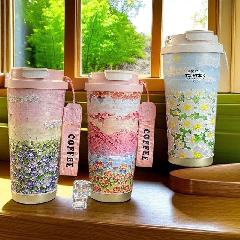 Flowers Garden Travel Coffee Tumblers Ceramic Inner Liner Tumbler Stainless Steel Cup with Lid & Straw Coffee Mug Holiday Gifts