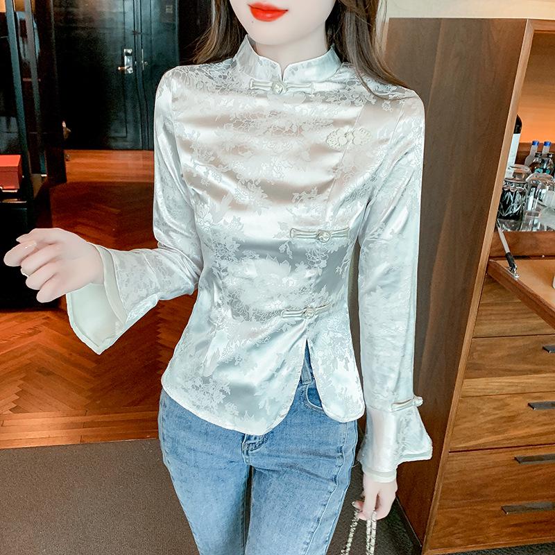 

2024 Осень Высококачественная Ретро Китайская Блузка с Пуговицами-Лягушками Белый Жаккард Длинный Рукав для Женщин Extra Large белый