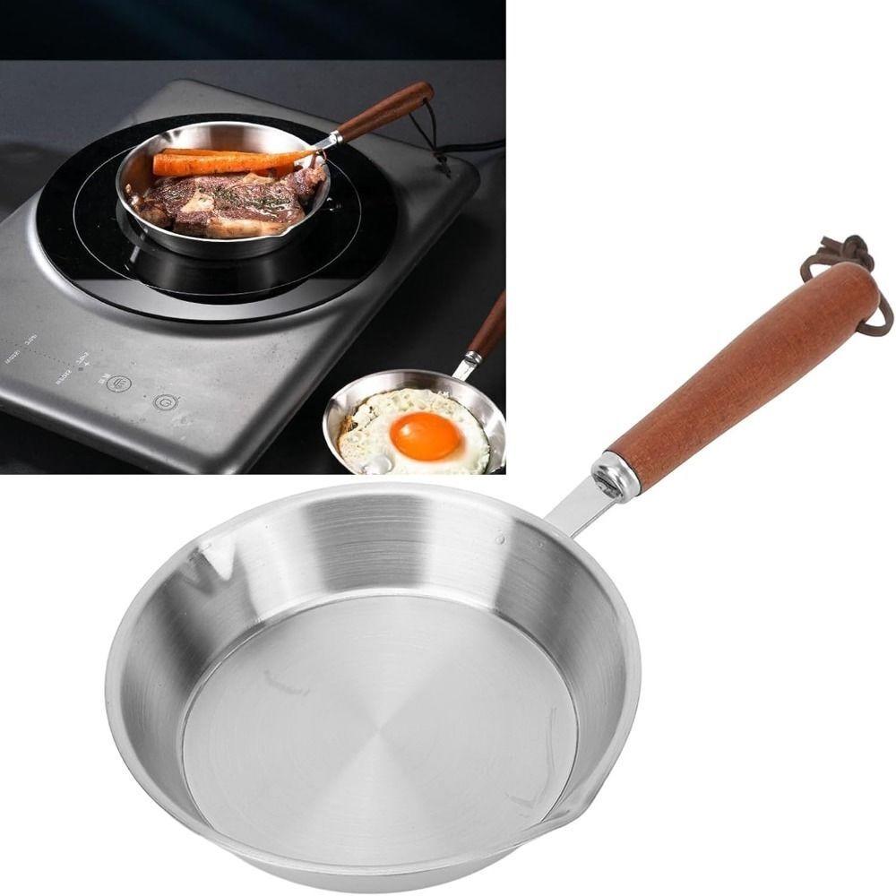 304 Stainless Steel Open Skillet Wooden Handle Butter Heating Pan New Frying Pan  Kitchen Supplies