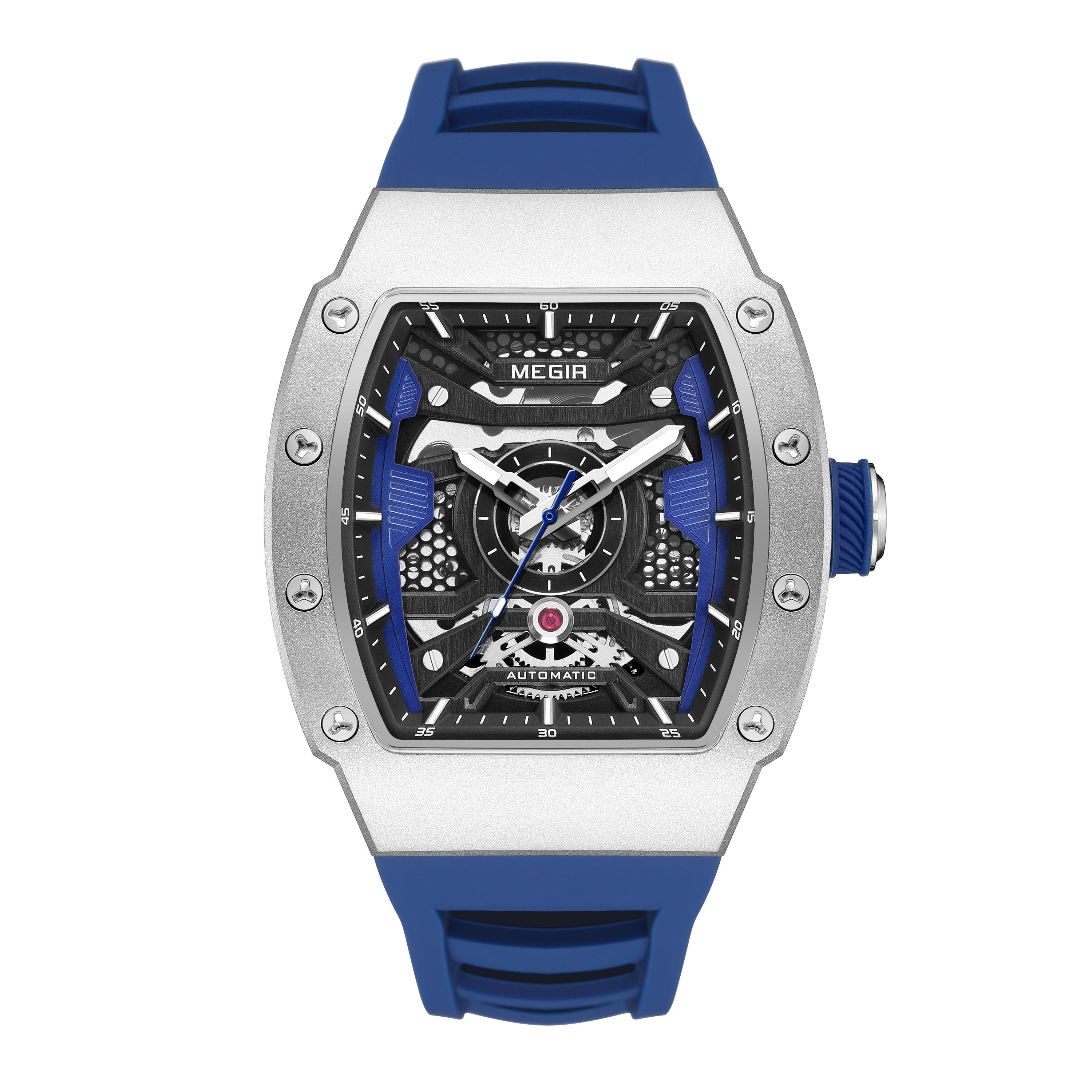 

MEGIR Мужские автоматические механические часы Водонепроницаемые с силиконовым ремешком и спортивными стрелками Часы Reloj Hombre 8604 синий/серебряный