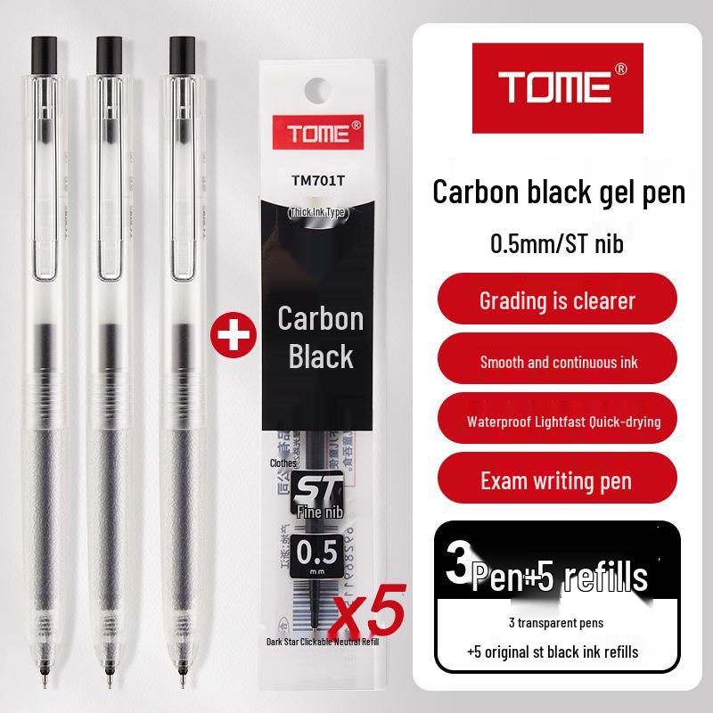 TOME TM701 Carbon Black Click Gel Pen, 0.5mm, Black Ink for Exams