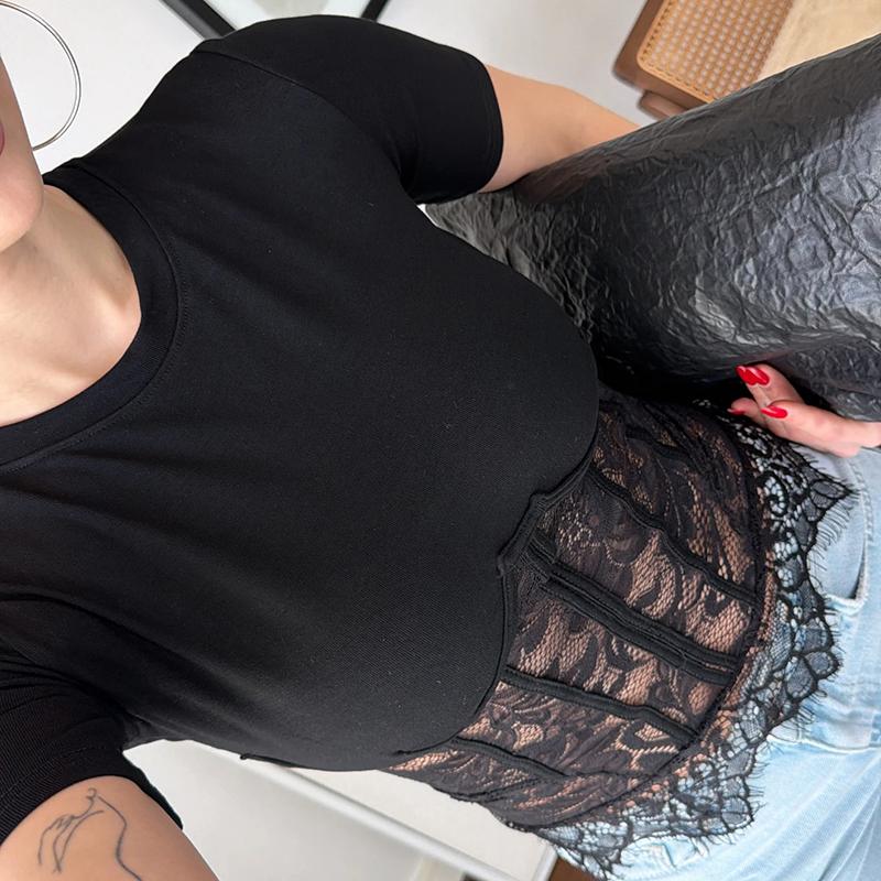 Black Lace Fish-bone Shirts For Women 2026 Spring Summer Chic Short Sleeve O-neck Blouse Lady Street Y2K Tops