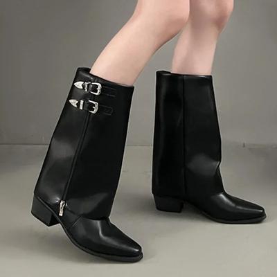 Schuhe für Damen 2024 Hohe Qualität Ärmel Damenstiefel Herbst Spitz zulaufend Uni Hoher Schaft Klobige Absätze Große Größe Modestiefel