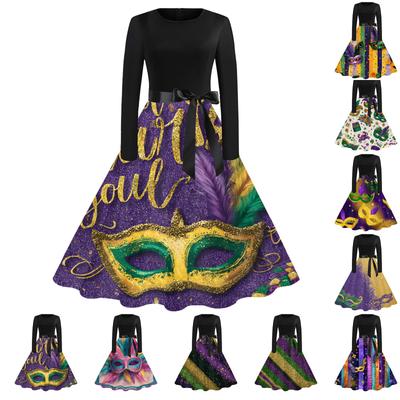 Dámské ležérní módní šaty s kulatým výstřihem a vintage potiskem karnevalu