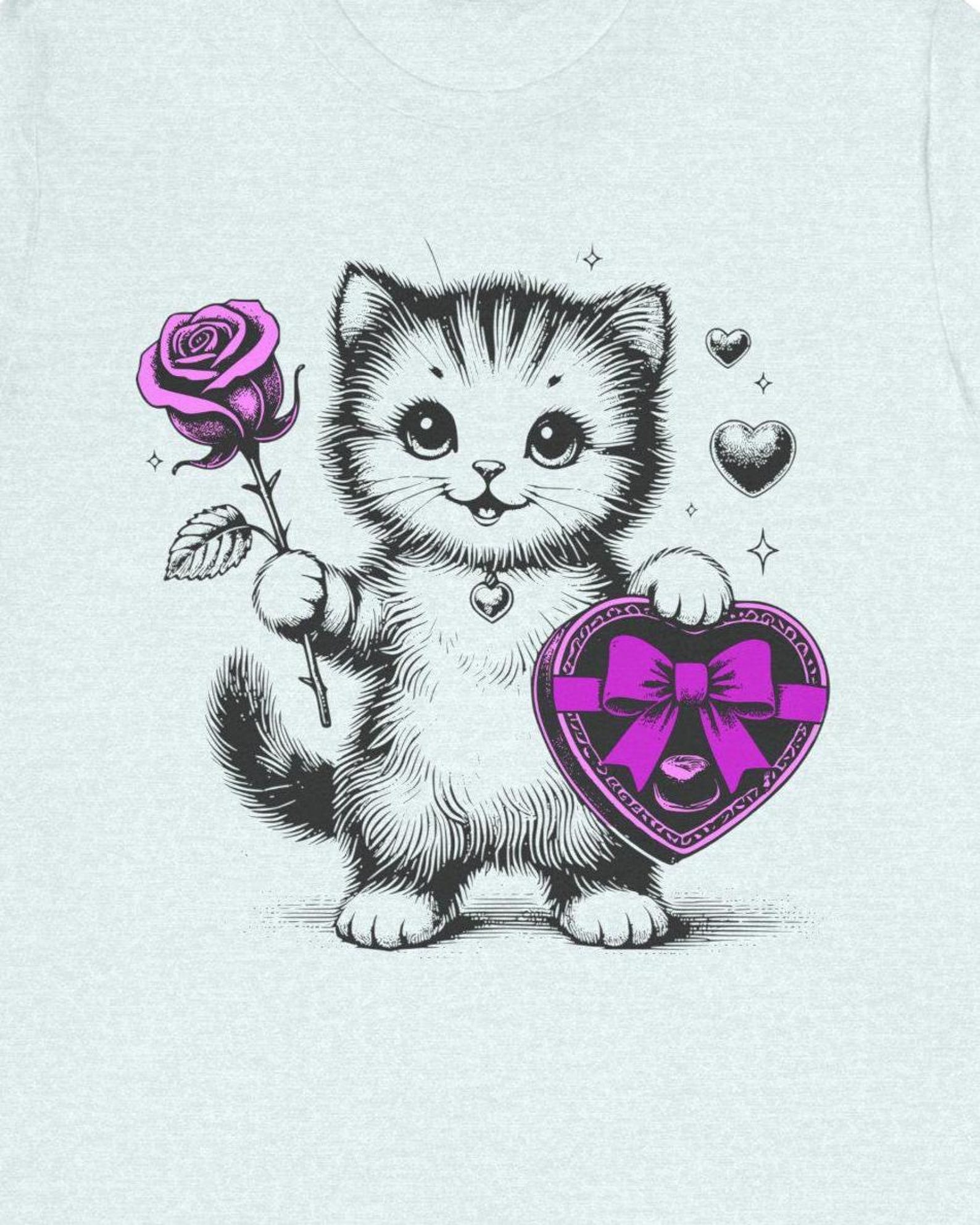 Kitten with Purple Rose and Heart Box T-Shirt Valentine Cat Design Gift 3XL