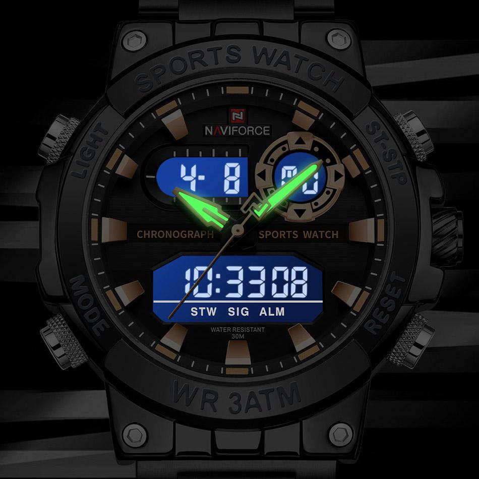 Naviforce Oryginalny Zegarek Męski Wyświetlacz Cyfrowy Kwarcowy Kalendarz Zegarek na Rękę Pasek ze Stali Nierdzewnej Luminous Wodoodporny Modny Zegarek Męski NF9237