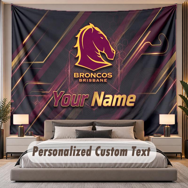 Custom Name Text Tapestry Brisbane Broncos Personalized Polyester Wall Tapestry For Bedroom And Room