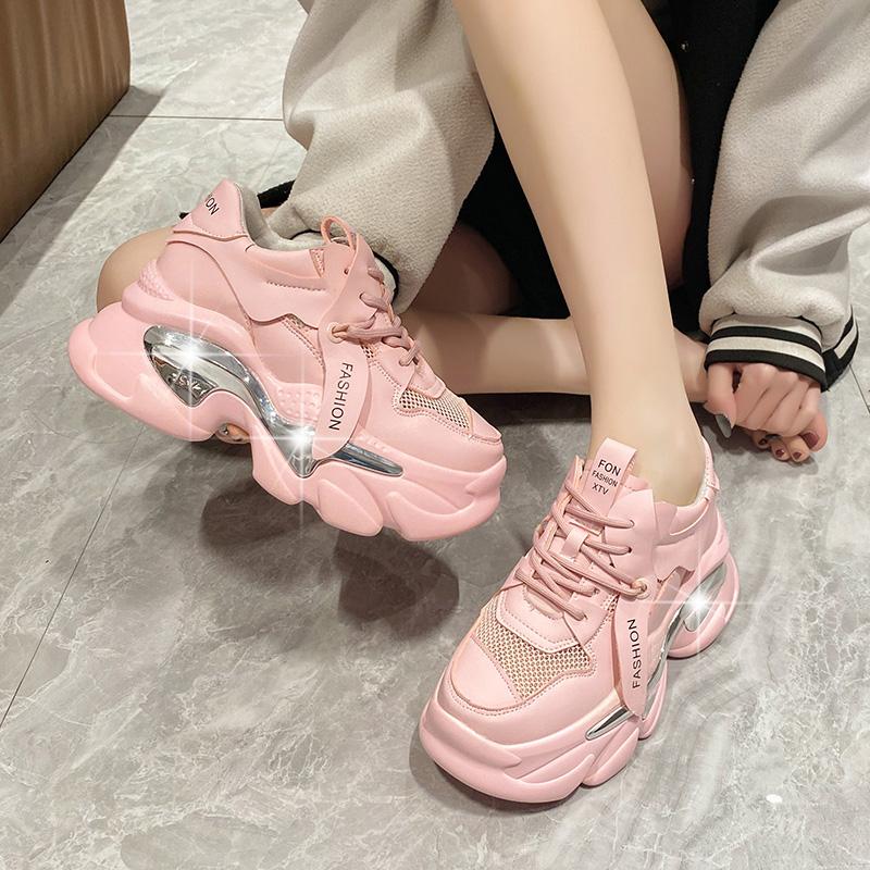 Summer Spring Women Lace-up Chunky Sneakers White Black 8CM High Platform Leather Shoes Breathable Casual Sport Dad Shoes
