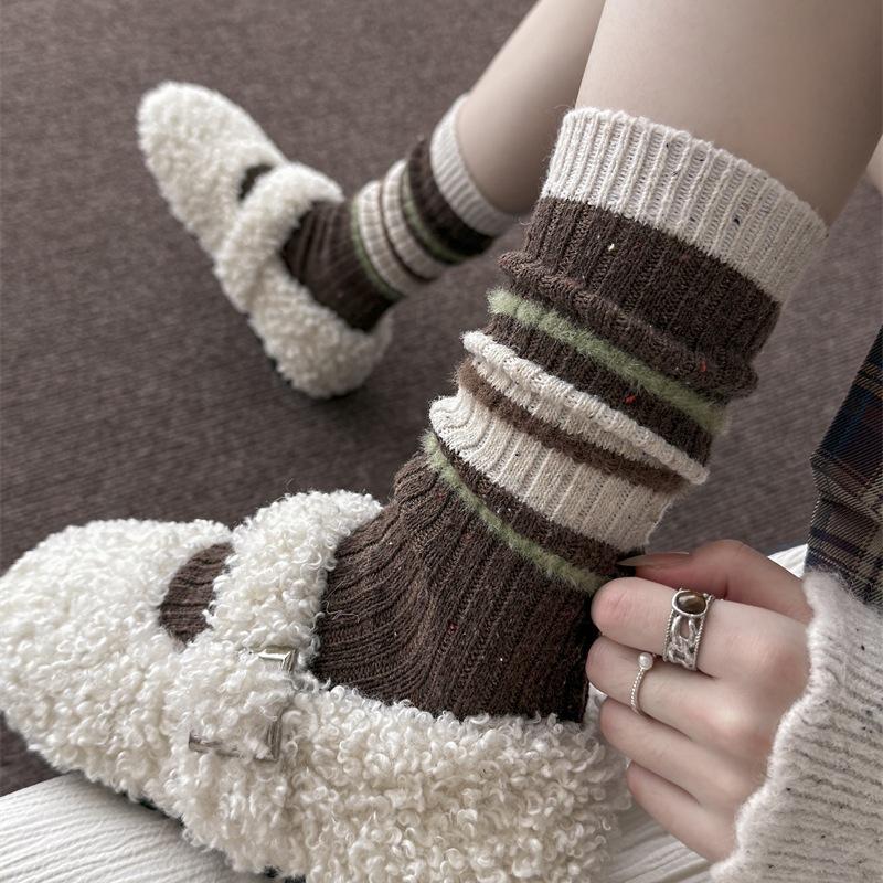 Women's Autumn and Winter Thickened Warm Collision Color Striped Yarn Wool Tube Pile Socks