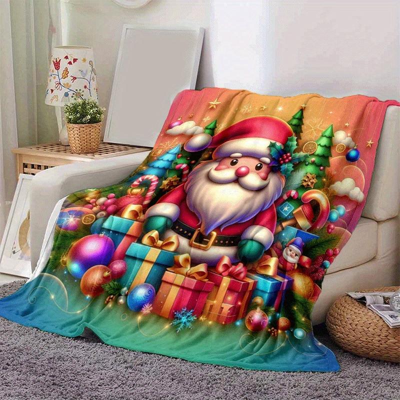 1pc Santa Claus Printing Lightweight Flannel Blanket, Comfortable and Warm Blanket, for Camping Sofa Bed and Couch Office, Gift Blankets In All