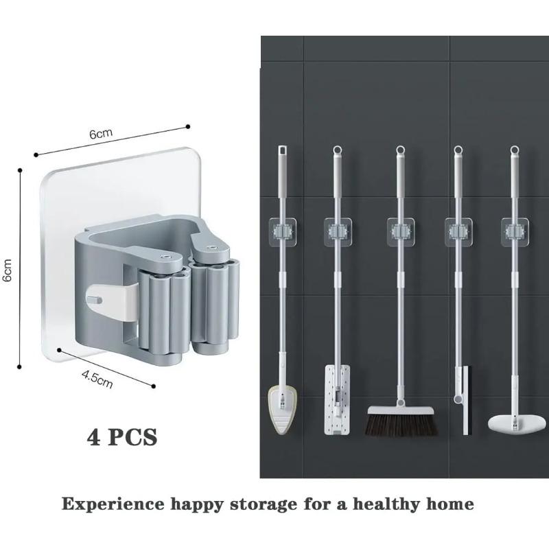 4Pcs Self Adhesive Mop Holder Broom Holder Wall Mounted White Mop and Broom Holder No Drill Wall Mounted Organizer Clip Wall Mou
