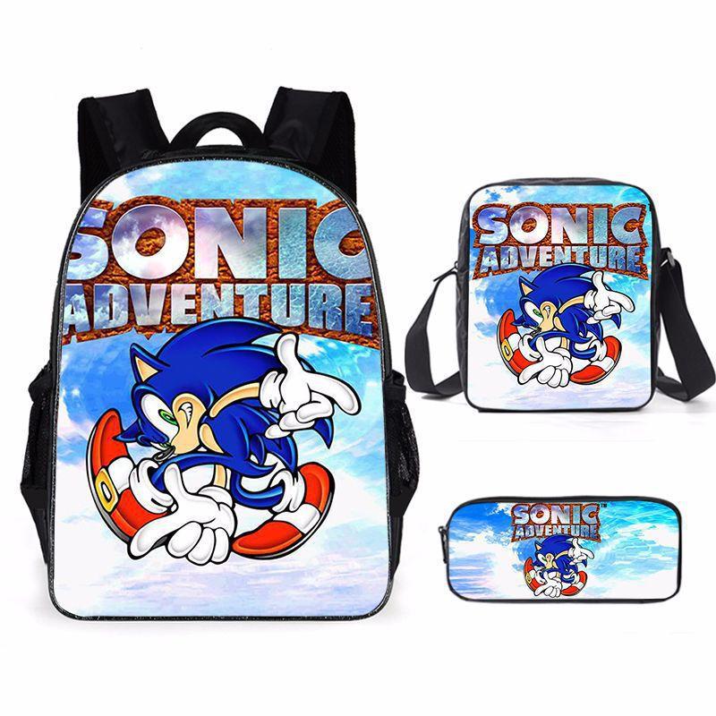Cartoon Sonic Backpack, Primary And Secondary School Schoolbag, Messenger Bag, Pencil Case Three-Piece Set