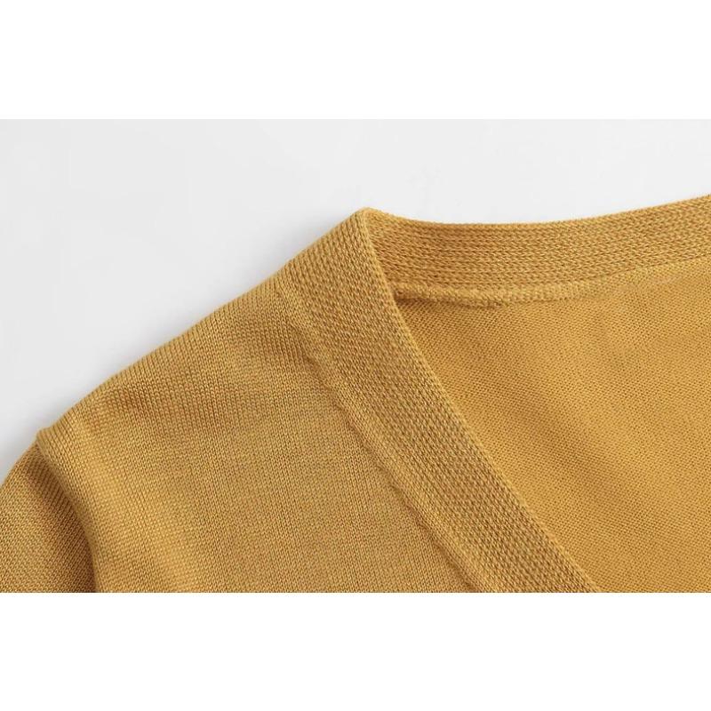 VEZFAA Women's Fashion Casual Fall Winter Solid Color Print Long Sleeve V-Neck Sweaters