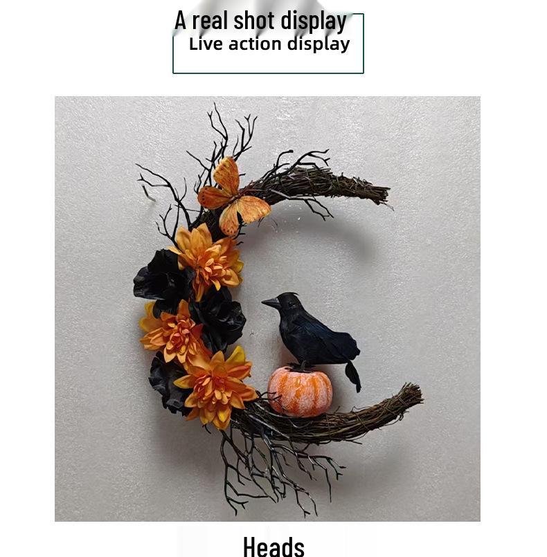 Gruseliger Halloween-Kranz: Orange & Schwarze Krähe mit Mond, Kürbissen & Getrockneten Ranken – Perfekte Tür- oder Wand-Festivaldekoration
