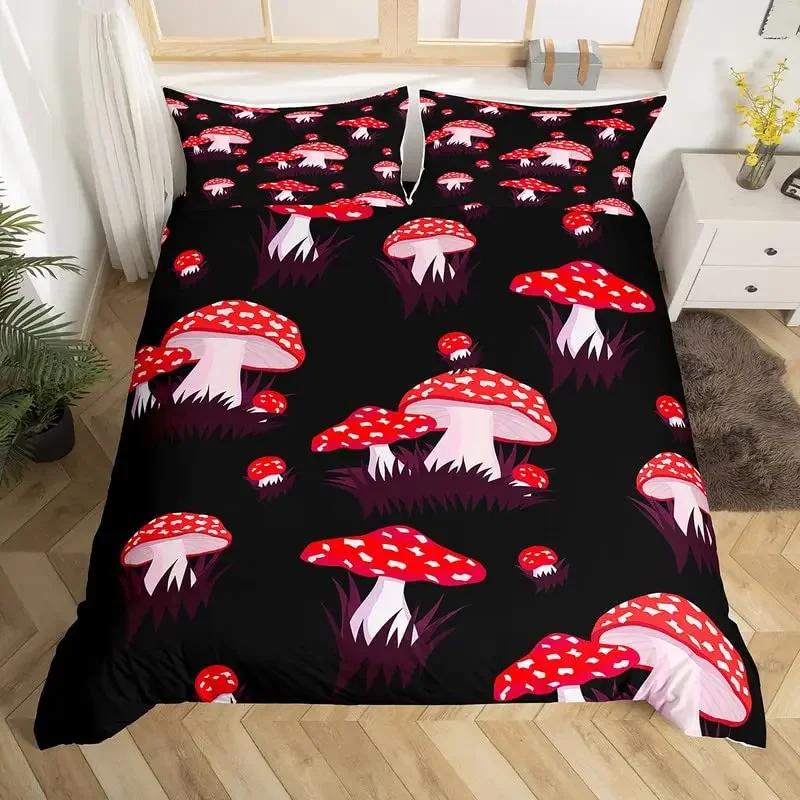Cute Mushroom Duvet Cover Set Microfiber Hippie Theme Exotic Plant Mushrooms Bedding Set Kawaii Fungus Comforter Cover Twin King