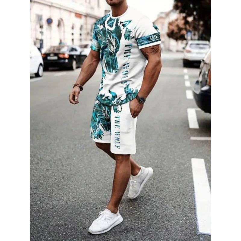 3D Wolf Print Blue Base Summer Men Short Sleeve Suit Short Sleeve Shorts 2 Pieces Casual Fashion Street Clothing