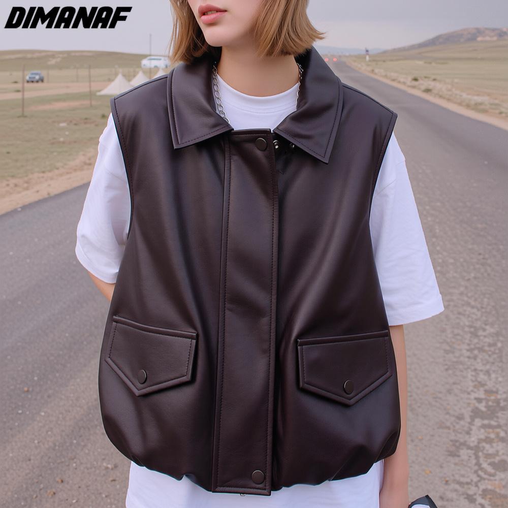 DIMANAF 2026 Autumn Winter PU Jackets Coat Casual Sleeveless Vest Women Plus Size Loose Buttons Outwear Fashion Lady Clothing
