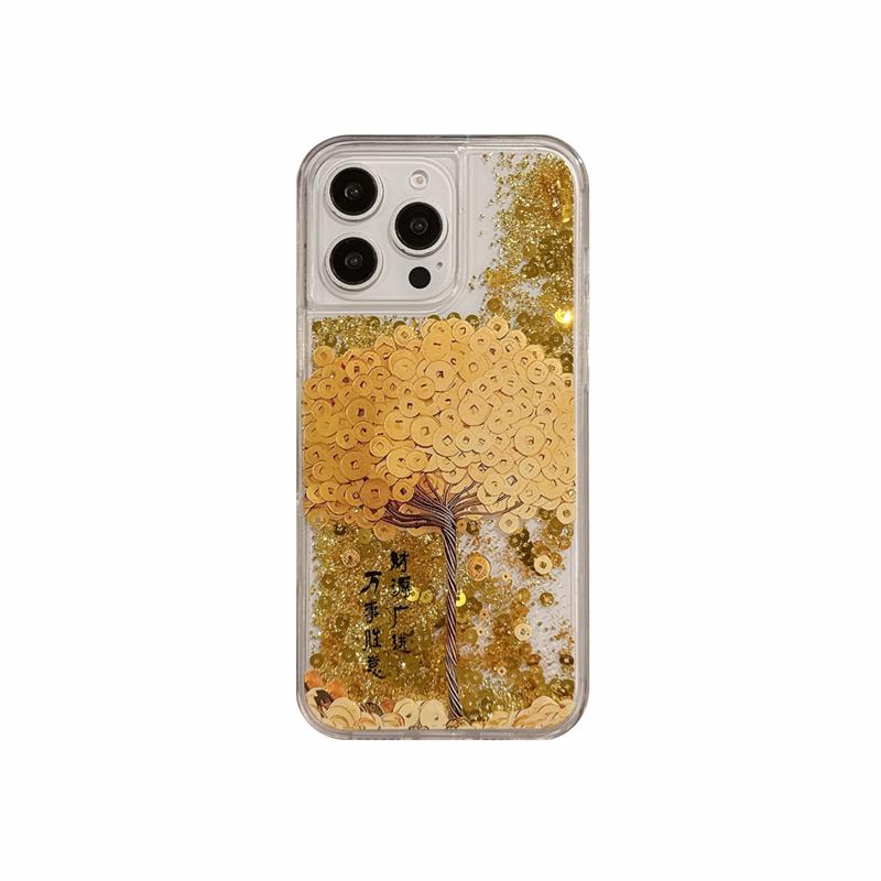 

Gold Icons Quicksand Cover 16 Pro Max Case for iPhone 15 14 Money Tree Brilliant Moving Sand Dynamic Liquid Clear Hard Carcasas For iPhone 16 Pro Max