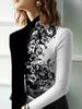 Elegant floral print qipao collar T-shirt, suitable for women—long sleeves, machine washable—perfect for autumn and winter, high neck design
